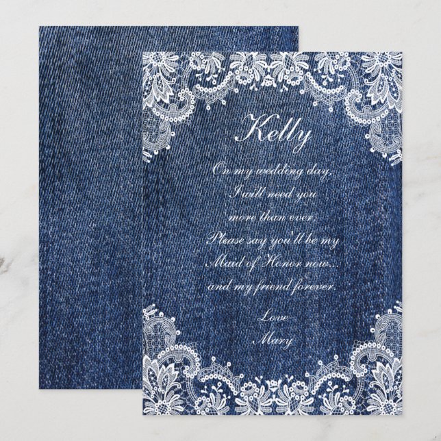 Invitation Blue Jean Denim Et Lace Maid Of Honor (Devant / Derrière)