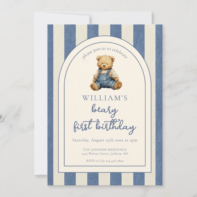 Invitation Blue Jean Denim Teddy Bear 1st Birthday (Devant)