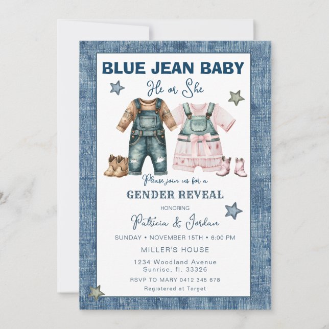 Invitation Blue Jean Gender Reveal, He or She  (Devant)