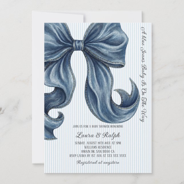 Invitation Blue Jeans Striped Bow Baby Shower (Devant)