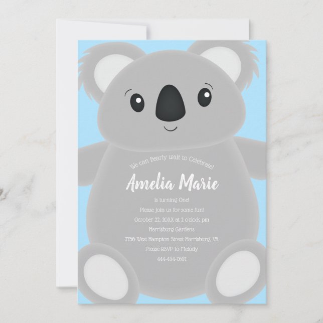 Invitation Blue Koala Bear fête d'anniversaire (Devant)
