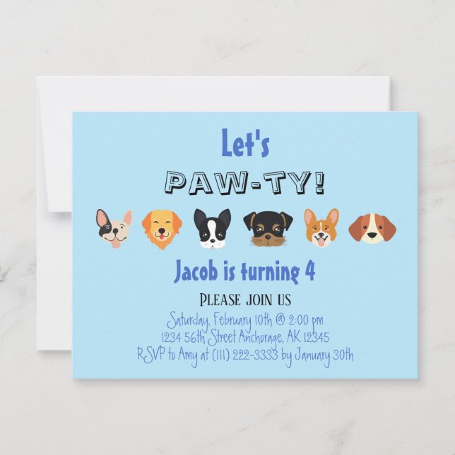 Invitation Blue Let's Pawty Puppy Boy fête d'anniversaire (Devant)