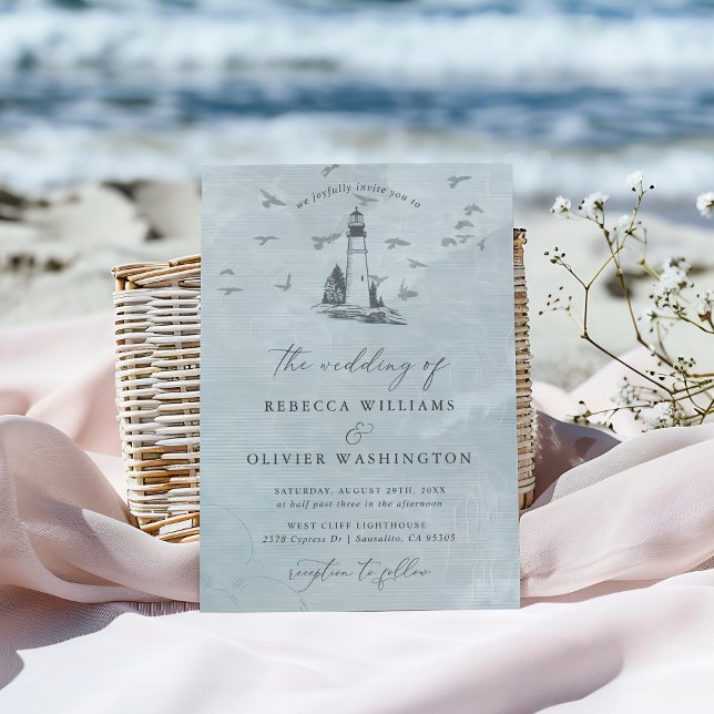 Invitation Blue Lighthouse & Seagulls Nautical Beach Wedding (Créateur téléchargé)