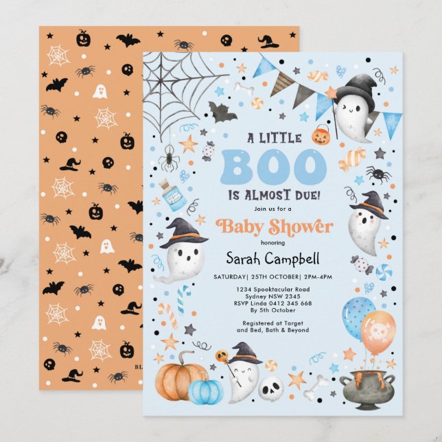 Invitation Blue Little Boo Halloween Ghost Boy Baby shower (Devant / Derrière)