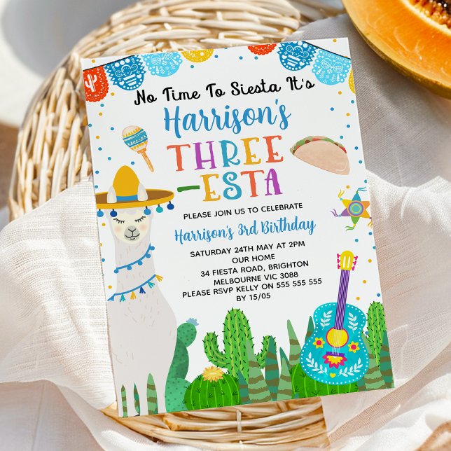 Invitation Blue Llama Taco Fiesta Trois Esta 5e anniversaire (Boys Three-esta Fiesta 3rd Birthday Invite, 3rd Birthday Fiesta Invite, Boys Fiesta Birthday Party)