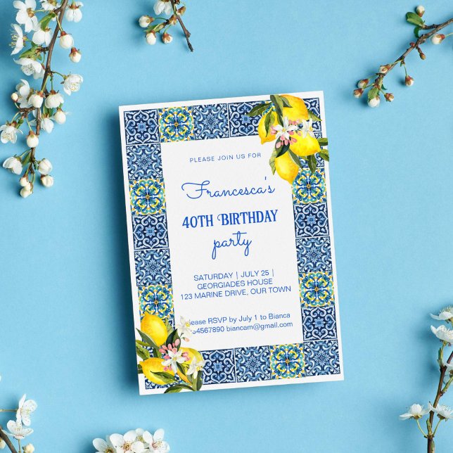 Invitation Blue Majolica Carreaux citrons anniversaire médite (Blue Majolica Tiles lemons Mediterranean themed birthday Invitation template instant download)