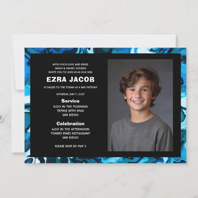Invitation Blue Marble Custom PHOTO Bar Bat Mitzvah (Devant)