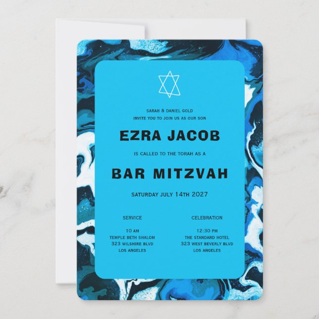Invitation Blue Marble Star de David Custom Bar Bat mitzvah (Devant)