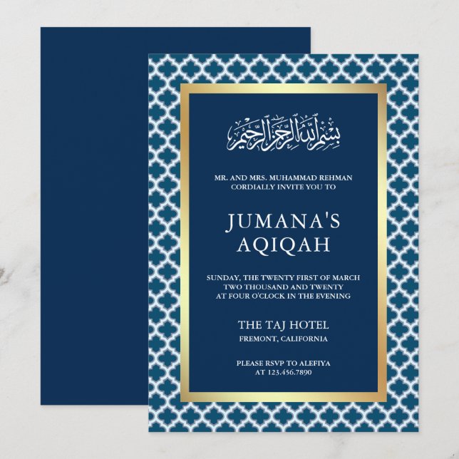 Invitation Blue marocain Quatrefoil Motif islamique Aqiqah (Devant / Derrière)