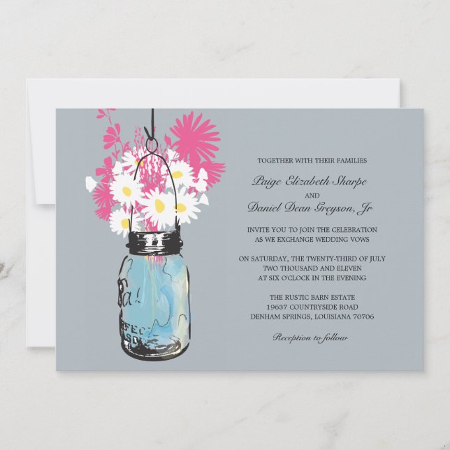 Invitation Blue Mason Jar Daisées et Mariage Fleur sauvage (Devant)
