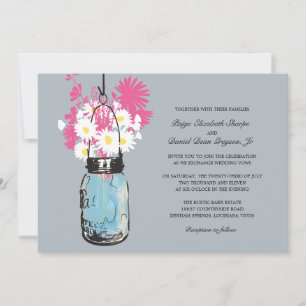 Invitation Blue Mason Jar Daisées et Mariage Fleur sauvage