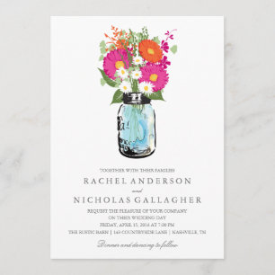 Invitation Blue Mason Jar et Gerber Daisies Mariage