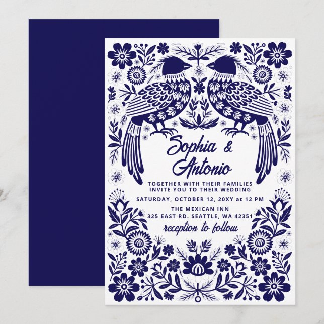 Invitation Blue Mexican Birds Otomi Floral Fiesta Wedding (Devant / Derrière)
