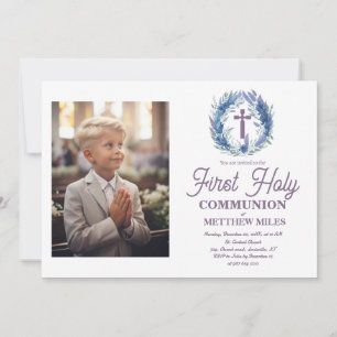 Invitation Blue Minimaliste florale première communion cathol