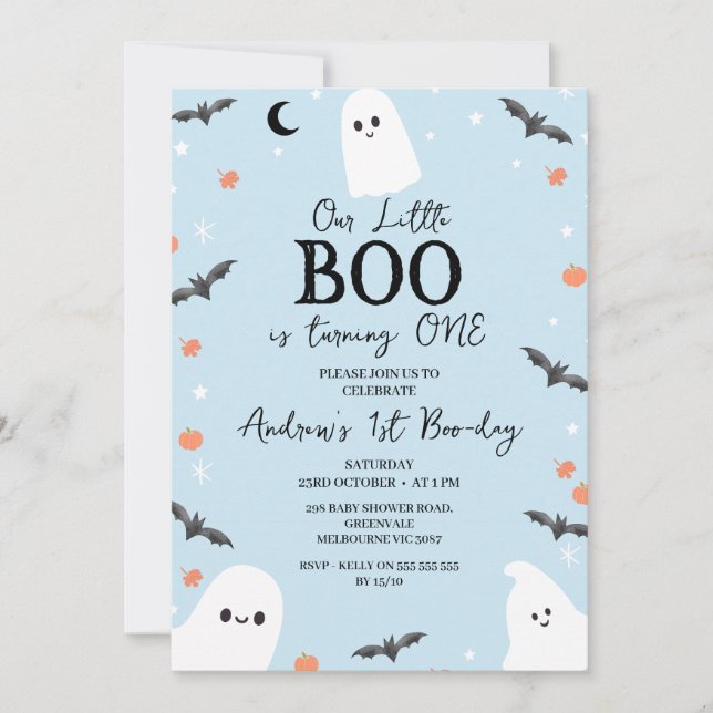 Invitation Blue moderne Halloween Little Boo 1er anniversaire (Devant)