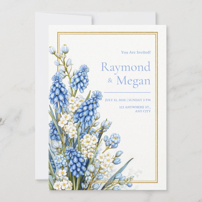 Invitation Blue Muscari White Blossom Gold Frame Wedding (Devant)