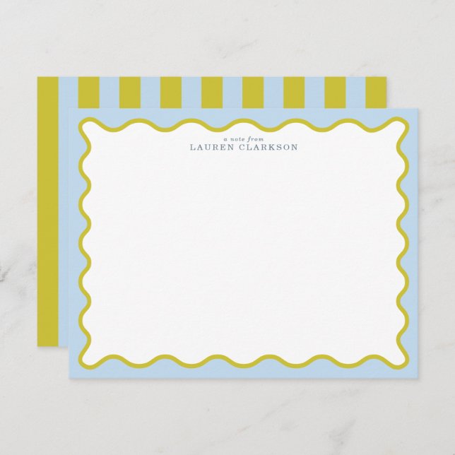 Invitation Blue & Mustard Wavy Border Note Card (Devant / Derrière)
