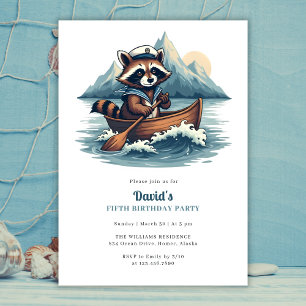Invitation Blue Nautical Cute Fishing Raccoon Anniversaire