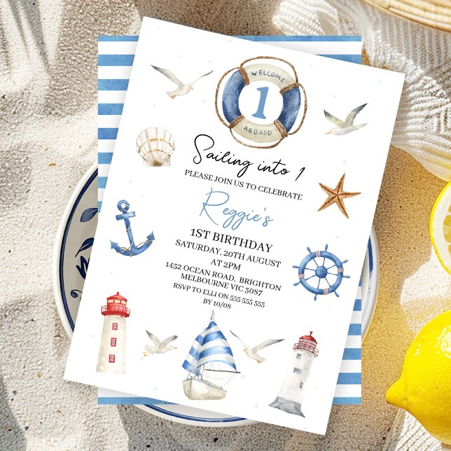 Invitation Blue Nautical vole en un 1er anniversaire (Nautical Sailing into One 1st Birthday Invite Boy Sailing Boat Party Invitation Printable Blue Red)