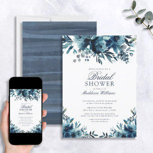 Invitation Blue Navy Fleurs bleues Fête des mariées rustique
