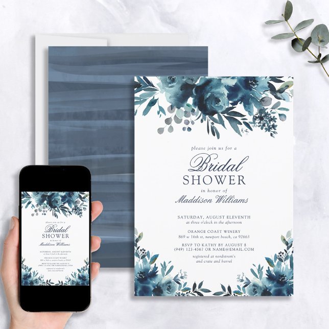 Invitation Blue Navy Fleurs bleues Fête des mariées rustique (Créateur téléchargé)