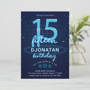 Invitation Blue Neon 15e fête d'anniversaire Faisons de la fo
