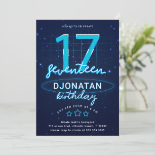Invitation Blue Neon 17e fête d'anniversaire Faisons de la fo
