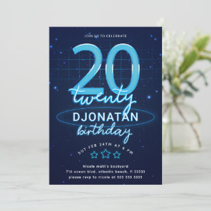 Invitation Blue Neon 20e fête d'anniversaire Llow Crazy