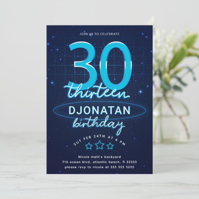 Invitation Blue Neon 30e fête d'anniversaire Llow Crazy (Debout devant)