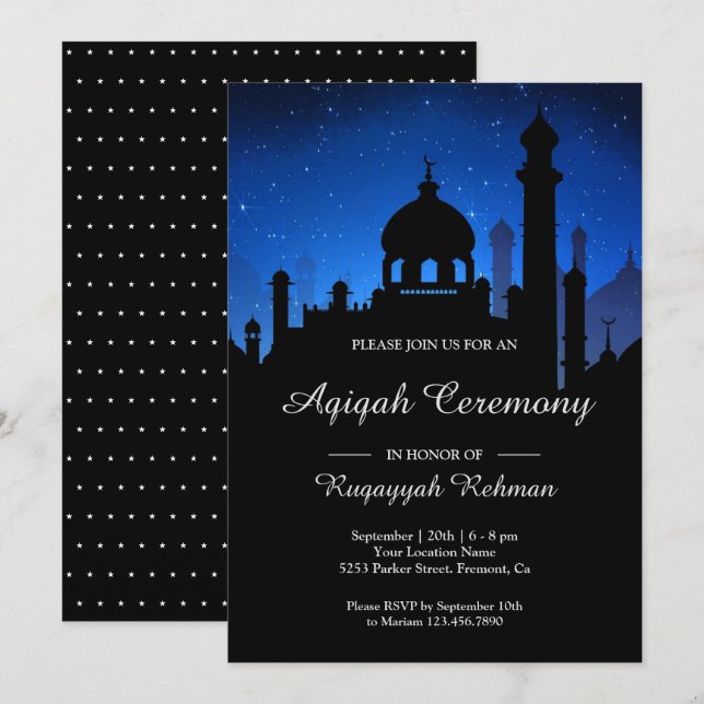 Invitation Blue Night Sky Arabian Nights Aqiqah (Devant / Derrière)