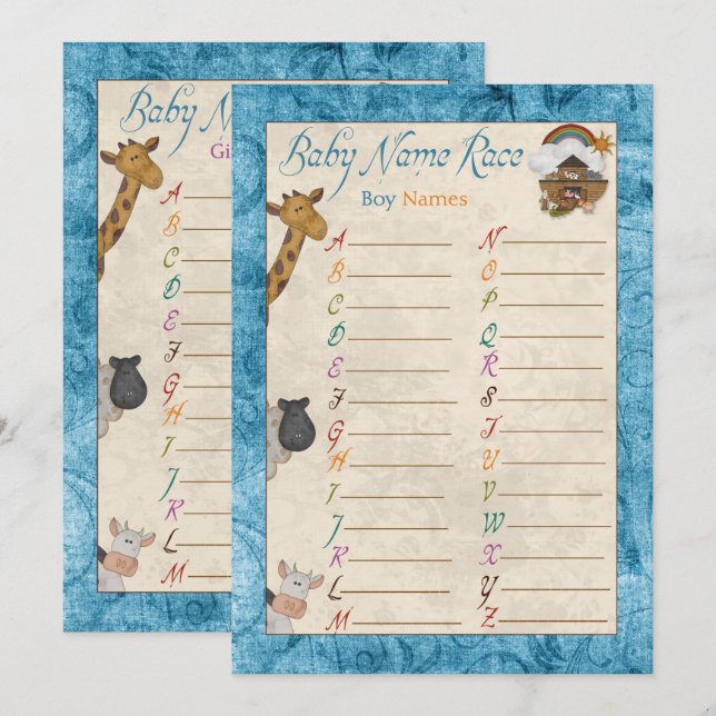 Invitation Blue Noah's Ark Nom de la course Baby shower Jeux (Devant / Derrière)