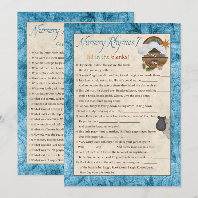 Invitation Blue Noah's Ark Nursery rime Baby shower Jeux (Devant / Derrière)
