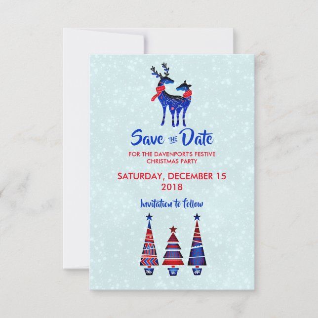 Invitation Blue Nordic Christmas Reindeer Pair Enregistrer La (Devant)