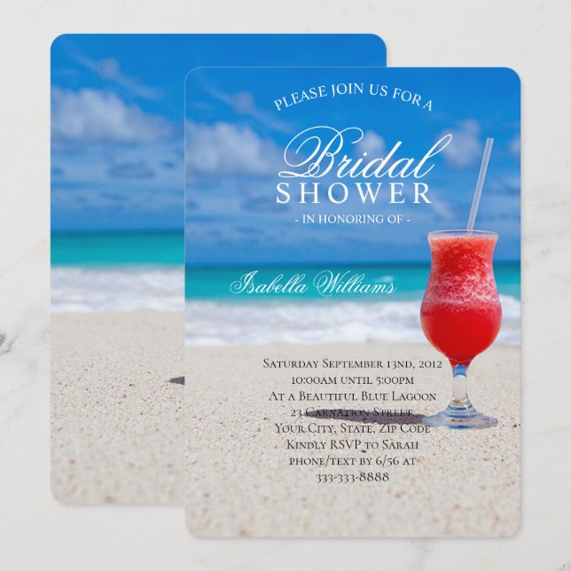 Invitation Blue Ocean & Sandy Beach Cocktail Fête des mariées (Devant / Derrière)