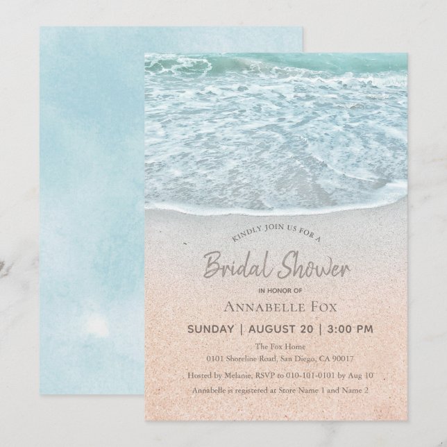 Invitation Blue Ocean & Sandy Beach Fête des mariées (Devant / Derrière)