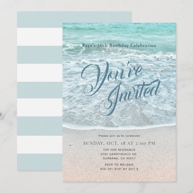 Invitation Blue Ocean Sandy Beach Turquoise Anniversaire (Devant / Derrière)