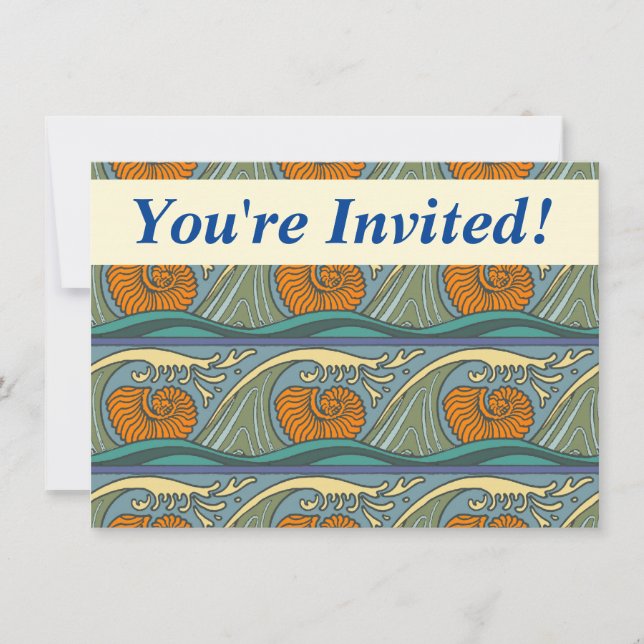 Invitation Blue Ocean Waves Nautilus Seashell Motif Nouveau (Devant)