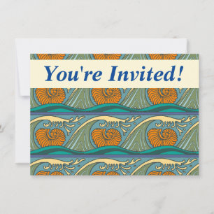 Invitation Blue Ocean Waves Nautilus Seashell Motif Nouveau
