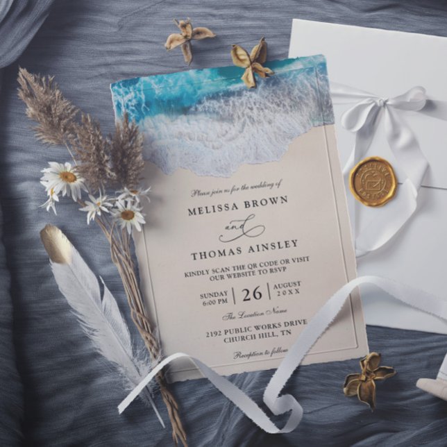 Invitation Blue Ocean Waves Tropical Beach QR Code Wedding (Créateur téléchargé)