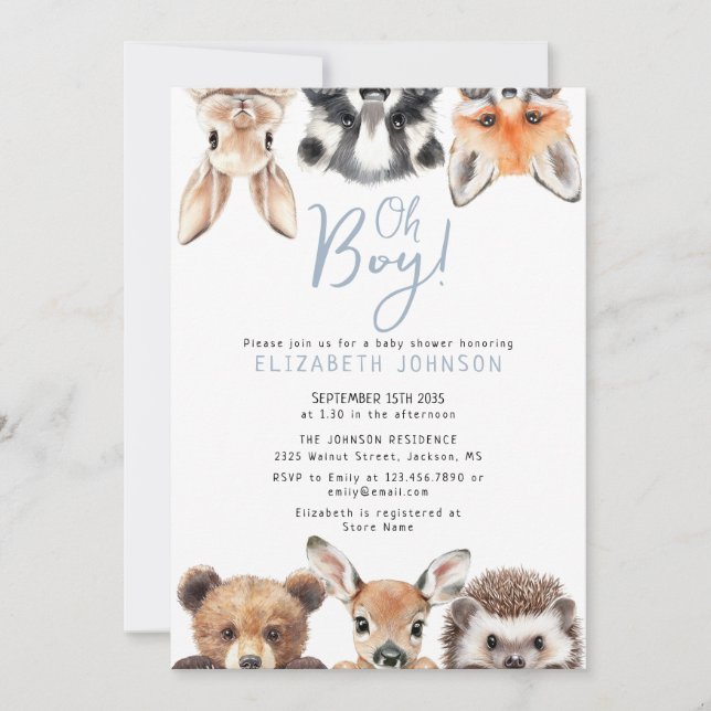 Invitation Blue Oh Boy Forest Baby shower d'animaux de bois (Devant)
