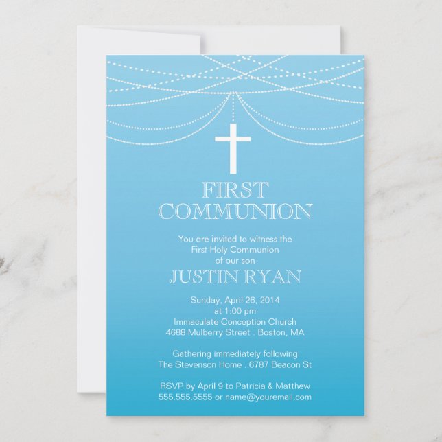 Invitation Blue Ombre Garland Cross Boy Communion moderne (Devant)