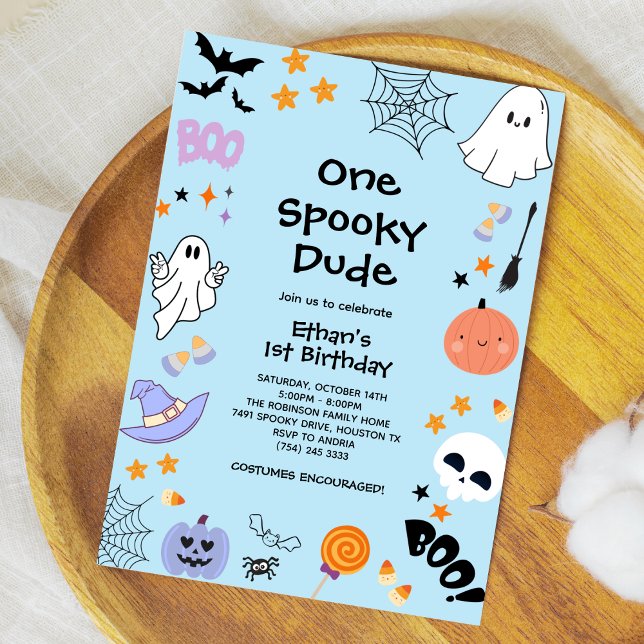 Invitation Blue One Éffrayant Dude Ghost Halloween 1er annive (Blue One Spooky Dude Cute Ghost Boy Halloween 1st Birthday Invitation )