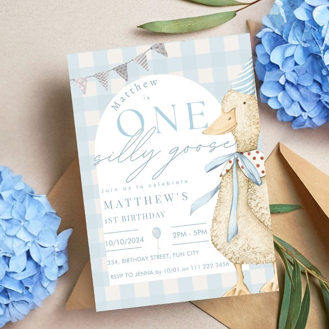 Invitation Blue One Silly Goose En vichy 1er anniversaire (Blue One Silly Goose Gingham 1st Birthday Invitation)
