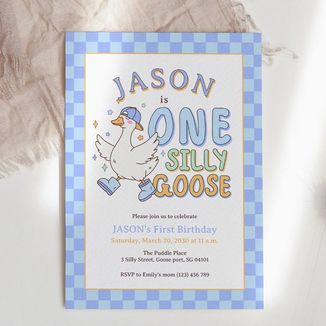 Invitation Blue One Silly Goose - Premier Anniversaire de Gar (Blue One Silly Goose - Retro Boy First Birthday Invitation. Blue checkered style design.)