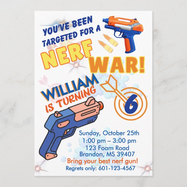 Invitation Blue Orange Boys BD Party- Nerf War 6th Birthday (Devant)