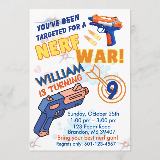 Invitation Blue Orange Boys BD Party- Nerf War 9th Birthday (Devant)