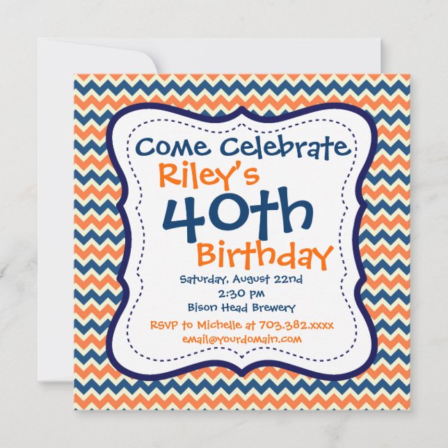 Invitation Blue Orange Chevron 40e anniversaire de fête Invit (Devant)