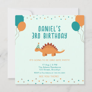Invitation Blue Orange Cute Dinosaur fête d'anniversaire