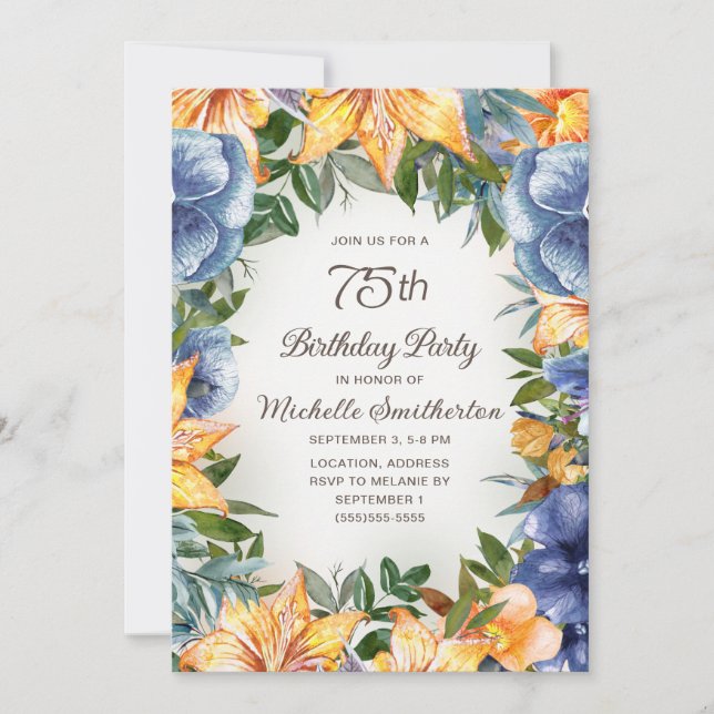 Invitation Blue Orange Floral 75e anniversaire (Devant)