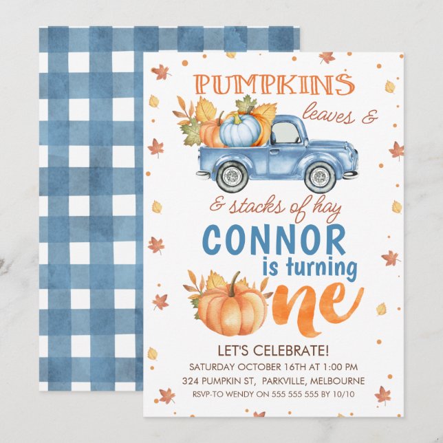 Invitation Blue Orange One Citrouille Camion 1er anniversaire (Devant / Derrière)